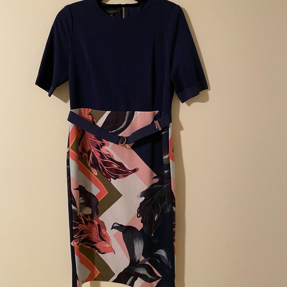 Ted Baker London Navy and Pink Floral Dress TED SIZE 5 / XL
